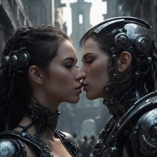 The image shows two women with intricate metal armor and headpieces locked in a tender kiss. The woman on the left is wearing a black metal headpiece that has silver accents, while the woman on the right is wearing a silver metal headpiece adorned with gold accents. They are standing in front of an old building, which appears to be part of a movie set or a historical site.