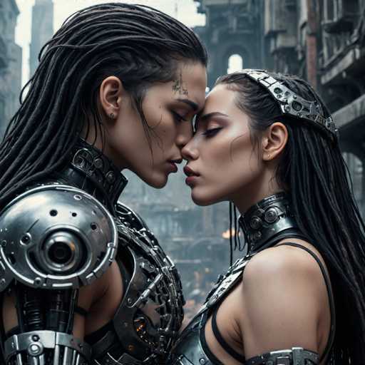 Two women with intricate, cybernetically enhanced bodies and long dreadlocks share a tender moment, their foreheads touching. They are positioned in front of a detailed, gritty cityscape, rendered in a dark, futuristic art style with metallic textures and muted lighting.