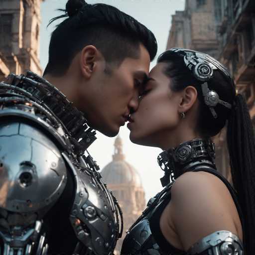 A man and woman dressed in futuristic armor stand together on a city street, their lips meeting in an intimate kiss. The man wears a silver suit with a chainmail neckplate, while the woman is adorned in a black bodysuit that features a large skull design. They are positioned in front of a building with a dome roof, and the backdrop includes other buildings and trees.
