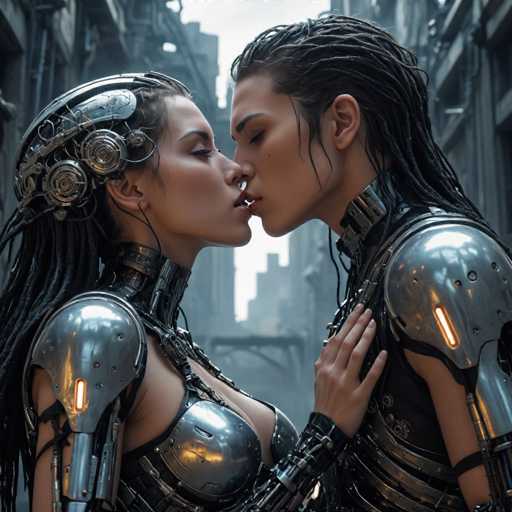 Two cyborg women with intricate metallic bodies share a tender kiss in a dimly lit, futuristic cityscape. Their cybernetic enhancements are detailed and gleaming, set against a blurred backdrop of industrial structures. The art style is highly detailed and evocative, emphasizing a blend of technology and intimacy in a cyberpunk setting.