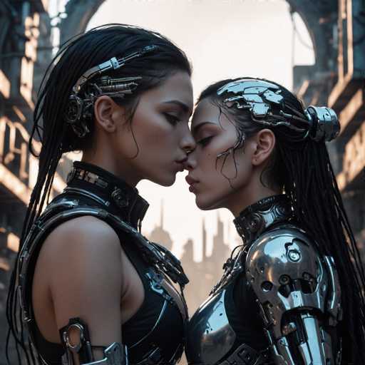 Two women with cybernetic enhancements, adorned in sleek metallic outfits and intricate headgear, share a tender kiss. They stand close, their bodies mirroring each other in a futuristic cityscape backdrop rendered in a detailed, slightly muted digital art style. The focus is intimate and atmospheric, emphasizing the connection between the figures.