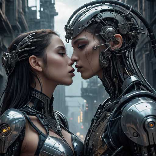 Two strikingly beautiful, cybernetically enhanced individuals with intricate metallic bodies are intimately close, their faces nearly touching in a tender embrace. The art style is futuristic and detailed, showcasing a blend of organic and mechanical elements within a densely urban, possibly dystopian, cityscape backdrop.