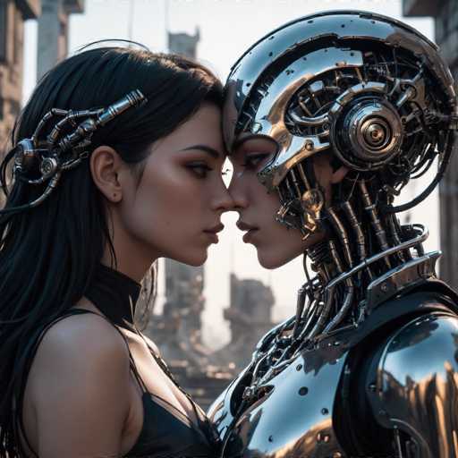 A close-up depicts a woman and a humanoid robot in a tender embrace, their foreheads touching. The scene is set against a blurred, futuristic cityscape with a muted, slightly desaturated color palette. The art style is highly detailed and realistic, emphasizing the intricate metallic textures of the robot's body and the woman's dark hair.