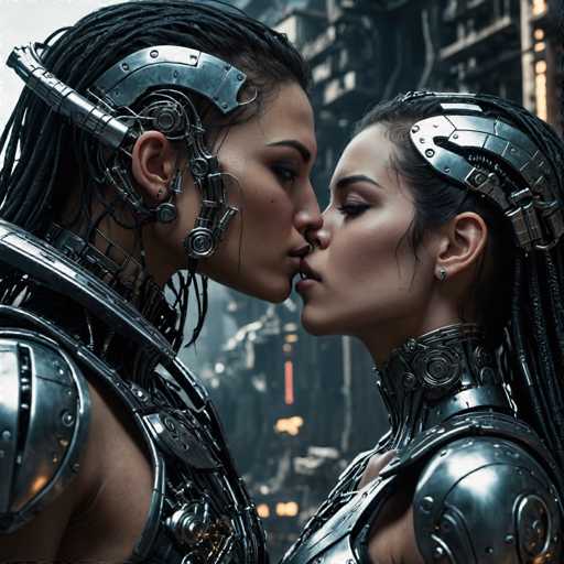 Two figures in intricately detailed, metallic cybernetic armor share a tender kiss in a dimly lit, futuristic cityscape. The close-up emphasizes their intimate embrace, with the art style leaning towards a dark, cyberpunk aesthetic.