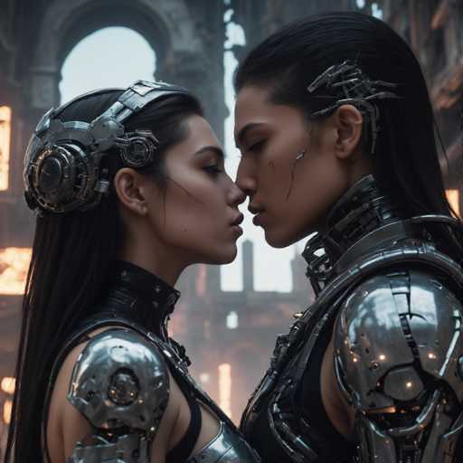 Two women in futuristic, metallic armor share a tender moment, their faces close as if about to kiss. The scene is set in a dimly lit, industrial-looking environment with glowing orange lights and a grand, possibly ruined, architectural backdrop. The art style is highly detailed and emphasizes a blend of technology and intimacy.