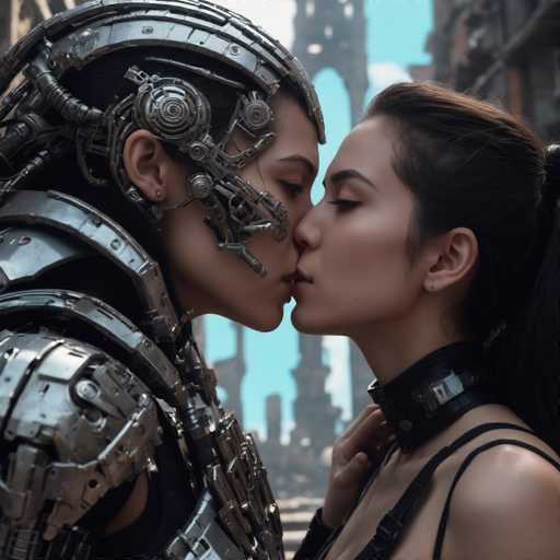 Two individuals, one human and one cybernetic, share a passionate kiss in a close-up. The scene is set against a backdrop of a futuristic, metallic cityscape with a teal sky. The art style is highly detailed and realistic, emphasizing the intricate mechanical details of the cybernetic body and the intimate connection between the two figures.