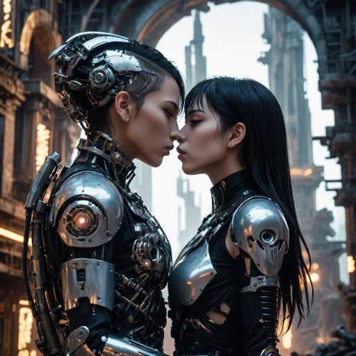Two strikingly beautiful, cybernetically enhanced individuals share a tender kiss in a futuristic cityscape. Their metallic bodies blend seamlessly with intricate mechanical details, set against a backdrop of towering, decaying architecture bathed in warm, neon-lit hues. The art style is highly detailed and evocative of a cyberpunk aesthetic.