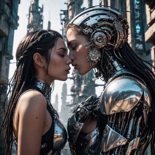 Two individuals, one human and one cyborg, share a tender kiss amidst a futuristic, dilapidated cityscape. The scene is bathed in a soft, hazy light, emphasizing the contrast between organic and mechanical forms. The art style is highly detailed and evocative of a cyberpunk aesthetic, with intricate metallic textures and cybernetic enhancements.