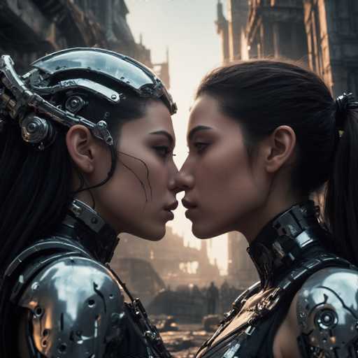 Two women in futuristic, heavily armored suits face each other intimately, their faces close as if sharing a kiss. The scene is set in a desolate, metallic cityscape with a warm, hazy light, emphasizing a dramatic, cyberpunk aesthetic. The focus is on the close connection between the figures, highlighting their strength and intimacy within a dystopian environment.