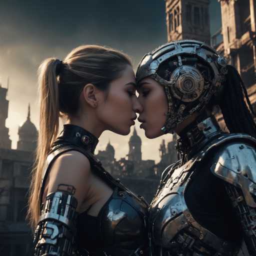 Two women in futuristic, metallic armor share a tender kiss amidst a backdrop of a crumbling, steampunk-inspired cityscape. The close-up focuses on their intimate embrace, highlighting the detailed, industrial design of their cybernetic suits. The art style is a blend of science fiction and fantasy, with a slightly gritty, atmospheric feel.