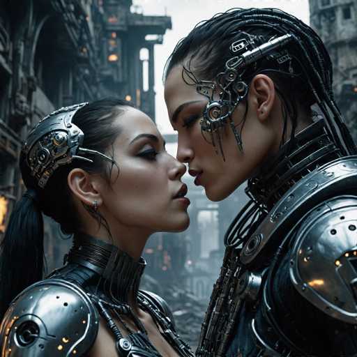 Two cyborgs, with intricate metallic augmentations and glowing details, share a close, intimate moment in a dark, futuristic cityscape. Their faces are inches apart, suggesting a tender connection amidst the gritty, cyberpunk environment. The art style is highly detailed and digitally rendered, emphasizing a blend of organic and mechanical elements.