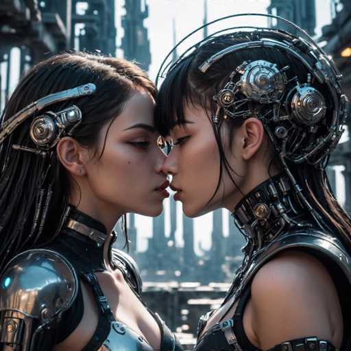 Two strikingly beautiful, cybernetically enhanced women with intricate metallic headgear and dark hair are intimately embracing in a close-up. Their faces are close, almost touching, with their eyes closed, suggesting a tender moment. The background is a blurred cityscape of futuristic architecture, creating a sense of depth and technological immersion. The art style is highly detailed and digital, emphasizing the blend of organic and mechanical elements.
