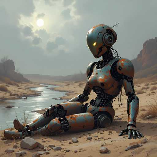 A weathered, rusty robot sits in a desolate, sun-baked desert landscape beside a calm river. The art style is a blend of realistic and slightly surreal, with muted earth tones and soft lighting creating a serene yet melancholic atmosphere. The robot's posture suggests stillness, emphasizing its solitary presence in the vast, empty environment.