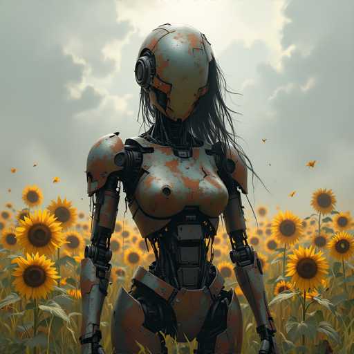 A robot with long hair and a metallic body stands amidst a field of sunflowers, facing the camera directly. The background is filled with more sunflowers, creating a sense of depth in the image.