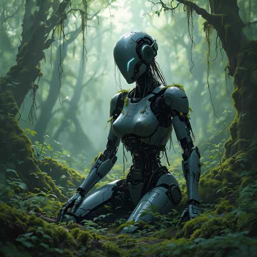 A sleek, silver humanoid robot sits in a lush, moss-covered forest clearing. The robot is kneeling, its head tilted slightly, and its body covered in a soft, moss-like texture. The background is blurred, suggesting depth of field and emphasizing the robot as the focal point. Sunlight filters through the dense canopy of trees, creating a serene and slightly mysterious atmosphere. The robot's eyes glow with a soft blue light, adding to the otherworldly feel of the scene.