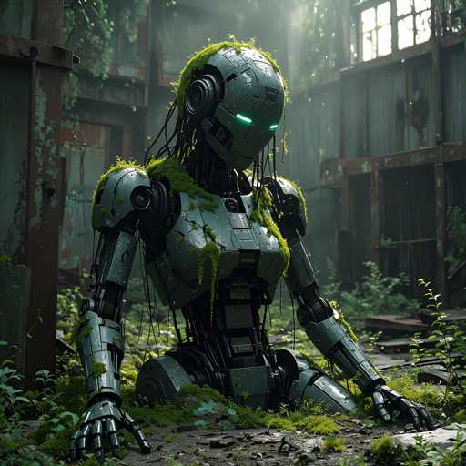 The image depicts an abandoned building with a robot statue sitting on the ground covered in green moss and surrounded by overgrown vegetation. The robot has a metallic body that is predominantly silver, with a green head and arms. The perspective of the photo is from above, providing a bird's eye view of the scene.