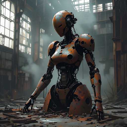 A robot with orange and black metallic armor is crouched down on a pile of rubble in an abandoned industrial building. The robot's arms are extended outwards as it faces the camera directly.