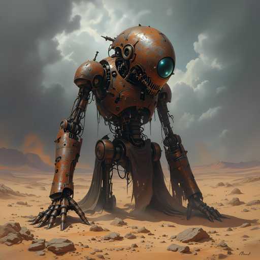 The image depicts an orange robot with a large head and arms, standing on a rocky terrain under a cloudy sky. The robot is surrounded by rocks of various sizes and shapes, creating a rugged landscape.