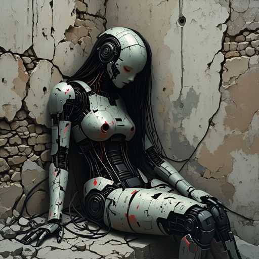 A robot with long black hair and a white face is sitting on the ground next to a crumbling stone wall. The robot's arms are crossed over its chest as it gazes off into the distance.