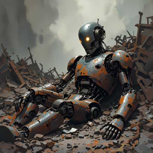 The image depicts an orange robot with a large head and two arms sitting on a pile of rubble. The robot is facing the camera directly, giving a clear view of its features. The background shows a scene of destruction, with debris scattered around the robot's location.