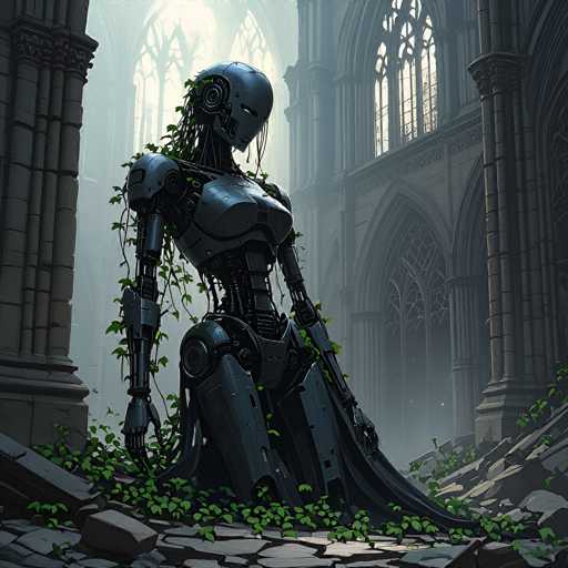 A weathered, dark metallic robot stands amidst crumbling ruins in a dimly lit, gothic-style setting. Lush green vines creep across its surface and the broken stone floor, suggesting a long passage of time and decay. The scene evokes a melancholic, post-apocalyptic atmosphere with the robot as a solitary, enigmatic figure.
