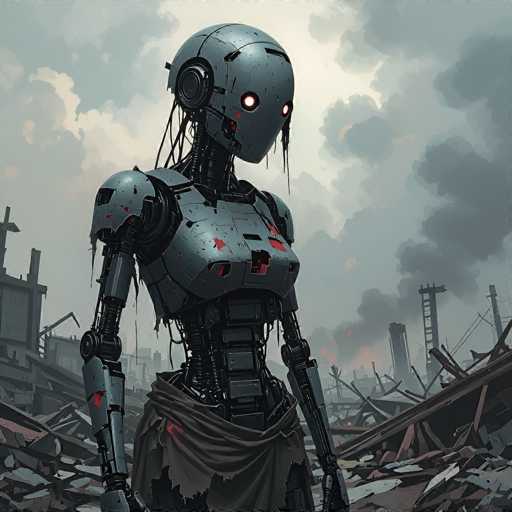 A lone, weathered robot stands amidst the ruins of a desolate, post-apocalyptic cityscape. The art style is a blend of digital painting and photorealistic elements, emphasizing a bleak, dystopian atmosphere with muted grays and hints of red from damage. The robot's posture suggests a watchful, solitary presence in the rubble-strewn environment.