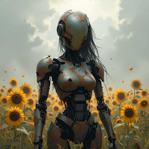 A rusty, humanoid robot stands amidst a field of sunflowers under a cloudy sky. The robot has a weathered, metallic body with visible wear and tear, suggesting it's been exposed to the elements. Its head is a smooth, metallic dome with a single eye-like sensor, and long, dark hair flows down its back. The sunflowers are in full bloom, their bright yellow petals contrasting with the muted tones of the robot and sky. A few small, orange butterflies flit among the flowers, adding a touch of whimsy to the scene. The overall mood is one of quiet solitude and perhaps a hint of melancholy, with the robot standing as a solitary figure in the vast field.