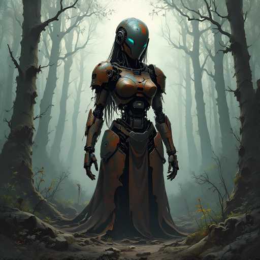 A lone, rusty, humanoid robot stands in a misty, overgrown forest. The subject is centrally positioned, with its metallic form contrasting against the muted, ethereal background of tall, bare trees. The art style is a blend of digital painting and photorealistic elements, emphasizing a slightly melancholic and otherworldly atmosphere.