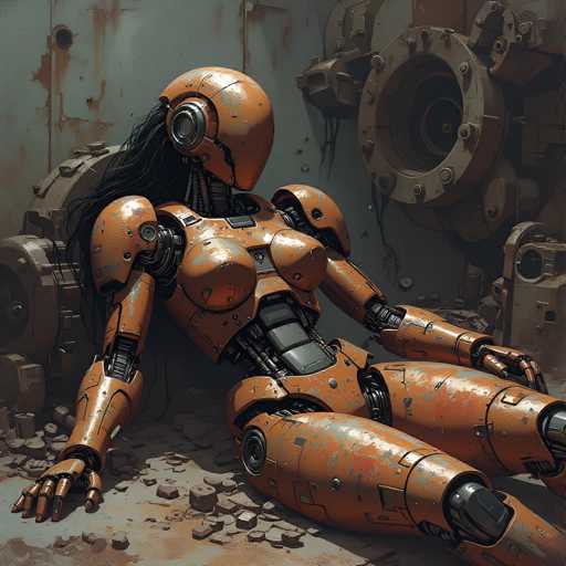 A weathered, orange robot lies slumped amidst a cluttered, industrial setting of rusted machinery and debris. The art style is highly detailed and textured, evoking a post-apocalyptic or abandoned factory aesthetic with a focus on mechanical elements. The robot's posture suggests exhaustion or stillness within this desolate environment.