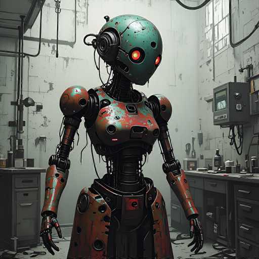 A detailed, highly stylized digital painting of a rusty, retro-futuristic robot in a cluttered workshop. The robot has a teal head with glowing red eyes, a weathered metallic body covered in rust and dents, and intricate mechanical details. The workshop is dimly lit with a mix of neon lights and glowing monitors, filled with tools, wires, and discarded parts. The overall atmosphere is one of a forgotten workshop, hinting at a post-apocalyptic or steampunk aesthetic. The robot's posture is slightly hunched, giving it a sense of weariness or contemplation.