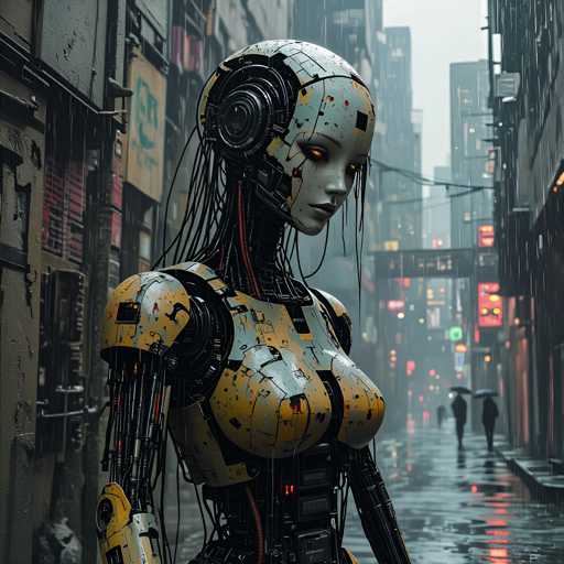 A robot with long black hair and a white head stands on a wet city street, wearing a yellow and black suit with red wires trailing down the sides. The background shows buildings of various sizes and colors lining the street, creating an urban landscape under a gray sky.