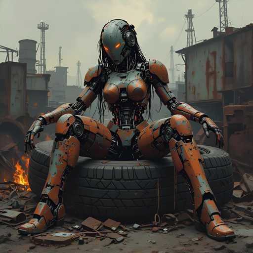 The image depicts an orange robot with black hair and a red head, sitting on the front tire of a car. The robot is wearing a helmet that has a large skull design on it. The background shows a cityscape filled with buildings in various states of disrepair, suggesting a dilapidated urban environment.