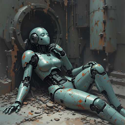 A robot with long hair and a face painted white is lying on its stomach on the ground, wearing a green suit that has orange spots. The robot's arms and legs are extended outwards in front of it.