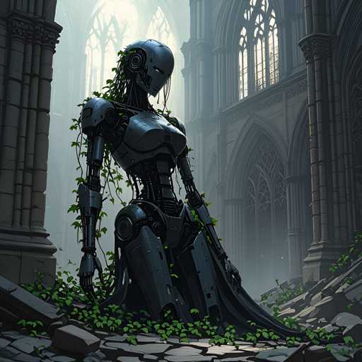The image depicts an abandoned building with a robot statue situated on the ground surrounded by overgrown plants and vines. The robot has a metallic body that blends with its surroundings, giving it an ethereal appearance. The perspective of the photo is from below, looking up at the statue, which adds to the sense of abandonment and decay in the scene.