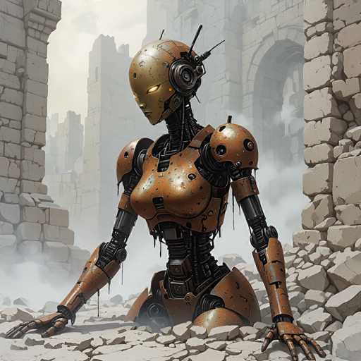 A weathered, rusty robot kneels amidst crumbling ruins in a desolate, dust-filled environment. The art style is a blend of digital painting and photorealistic rendering, emphasizing texture and decay with muted earth tones. The robot's metallic form contrasts with the broken stone, creating a sense of post-apocalyptic solitude.