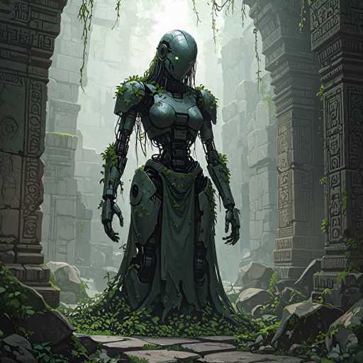 A colossal, moss-covered robot stands amidst ancient, overgrown ruins in a muted, atmospheric style. The scene is dominated by the towering, metallic figure with glowing green eyes, surrounded by crumbling stone structures and lush vegetation. The spatial relationship emphasizes the robot's imposing presence within this forgotten, overgrown environment.