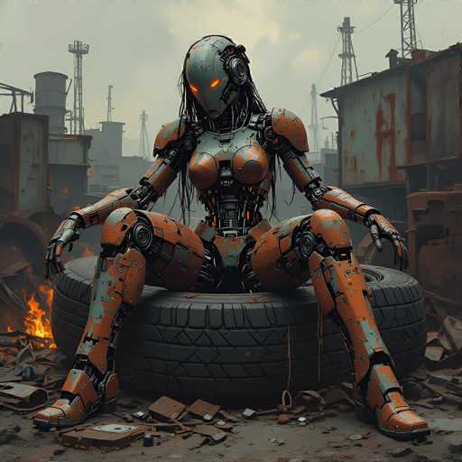 A futuristic, rusty robot sits on a tire in a desolate, industrial wasteland. The scene is dominated by the metallic figure's intricate design and glowing eyes, set against a backdrop of decaying industrial structures and a hazy sky. The art style is a blend of cyberpunk and post-apocalyptic aesthetics, emphasizing decay and technological remnants.
