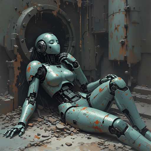 A detailed, high-quality image of a futuristic, weathered robot woman lying on the ground in a dilapidated industrial setting. The robot is primarily light blue with orange rust-like stains, suggesting age and disrepair. It has a smooth, metallic texture and visible mechanical joints. Her head is tilted back, her eyes are closed, and she has a serene expression. One hand is resting on her chin, while the other is gently placed on her thigh. The robot's body is partially obscured by debris and rubble, hinting at a post-apocalyptic or abandoned environment. The background features rusty metal structures, pipes, and a large, circular door with visible wear and tear. The overall lighting is soft and atmospheric, casting subtle shadows that emphasize the robot's form and the textures of the environment. The scene evokes a sense of solitude, decay, and perhaps a hint of melancholy or quiet contemplation.