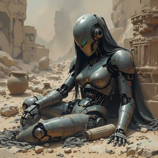 The image depicts a robot with long hair and a cape-like outfit sitting on the ground surrounded by rubble and debris. The robot is facing away from the camera, giving an impression of solitude or contemplation.