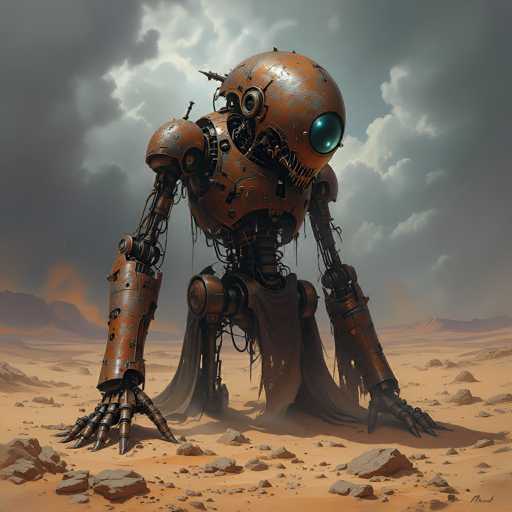 A rusty, humanoid robot stands in a desolate, sandy desert landscape under a cloudy sky. The robot's weathered, metallic body is partially draped in a tattered cloth, its glowing green eye gazing forward. The scene evokes a post-apocalyptic or sci-fi aesthetic with a focus on texture and muted earth tones.