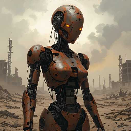 A weathered, rusty robot stands amidst a desolate, post-apocalyptic landscape of ruined buildings and debris. The art style is a blend of digital painting and photorealistic rendering, emphasizing a muted, desaturated color palette with warm orange tones dominating the robot's metallic surface. The scene evokes a sense of solitude and decay, with the robot as the central focal point in this desolate environment.