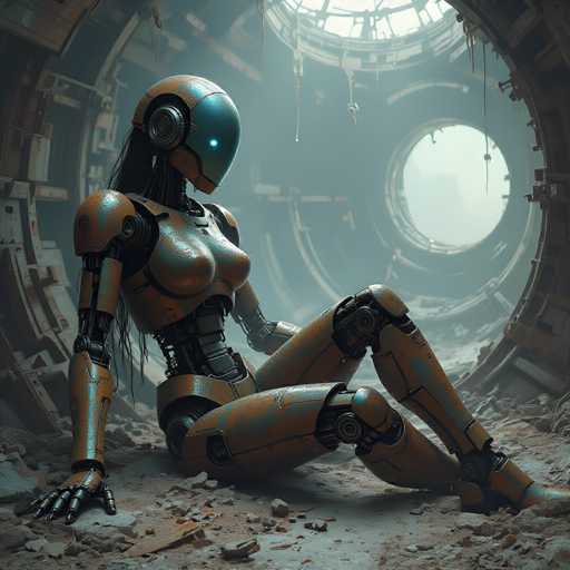 A detailed, highly realistic digital painting of a rusty, orange-toned humanoid robot sitting in a dilapidated, industrial setting. The robot is positioned in the center of the frame, with its body angled slightly to the right. Its head is a smooth, teal-colored dome with glowing blue eyes, and its body is covered in weathered, orange metal panels showing signs of rust and wear. The robot's long, dark hair flows out from beneath its head, and its limbs are articulated with visible joints. 

The setting is a dimly lit, abandoned industrial space with crumbling walls and debris scattered on the floor. A large, circular window with a weathered metal frame is visible in the background, letting in a soft, diffused light. The overall atmosphere is one of decay and abandonment, with the robot appearing as a lone figure in this desolate environment. The color palette is muted and earthy, with shades of orange, brown, and teal dominating the scene. The lighting is soft and atmospheric, creating a sense of depth and mystery.