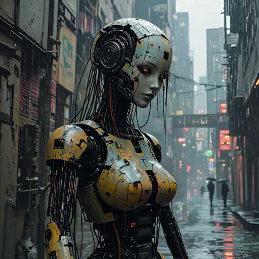 A rain-soaked, cyberpunk street scene features a detailed, yellow and black android as the central figure. The robot stands in the foreground, gazing downwards, while blurred figures with umbrellas navigate the rain-slicked alleyway in the background. The art style is highly detailed and futuristic, emphasizing a gritty, neon-lit urban environment.