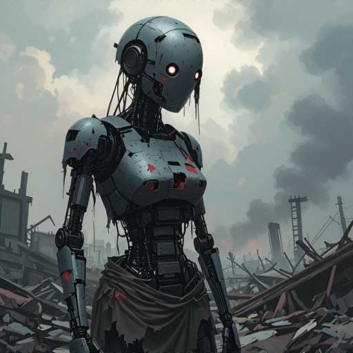 The image depicts a robot with a metallic gray body and red eyes standing amidst rubble and debris. The robot is wearing a brown skirt and has a large scar on its left arm. The background shows an industrial area filled with buildings and other structures in various states of disrepair.