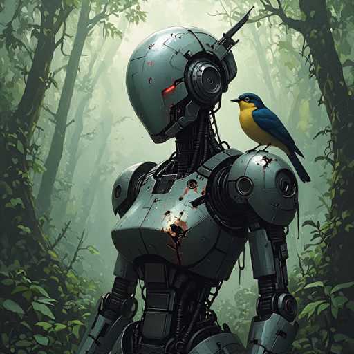 A weathered, metallic robot stands in a lush, green forest, a vibrant blue bird perched on its shoulder. The art style is a blend of detailed realism and slightly fantastical, with soft lighting emphasizing the contrast between the organic bird and the mechanical robot. The spatial relationship is one of gentle companionship, highlighting a moment of unexpected connection in nature.