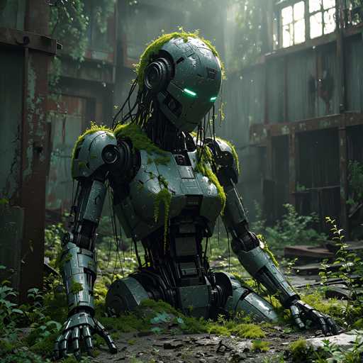 A weathered, moss-covered robot sits amidst overgrown ruins in a dimly lit, atmospheric scene. The art style is a blend of cyberpunk and post-apocalyptic aesthetics, emphasizing decay and a sense of forgotten technology reclaiming its environment. The robot's green glowing eyes provide a focal point in the muted, slightly hazy atmosphere.