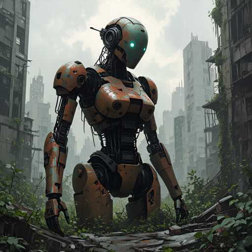 The image depicts an orange robot with a green head and blue eyes standing on a pile of rubble surrounded by overgrown vegetation. The robot is facing the camera directly, giving a clear view of its features. The background shows a cityscape filled with buildings in various states of disrepair, indicating that this scene takes place in an abandoned or neglected area.