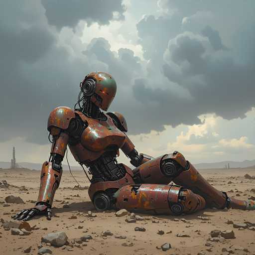 A rusty, fallen robot rests in a desolate, arid landscape under a stormy sky. The scene is rendered in a realistic, slightly melancholic style, emphasizing the robot's weathered condition and isolation. The vast, barren environment highlights a sense of post-apocalyptic solitude.