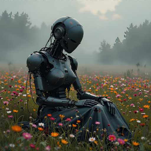A weathered, dark grey robot sits amidst a vibrant field of colorful wildflowers in a soft, hazy landscape. The robot's head is bowed, and its metallic body contrasts with the delicate flowers. The art style leans towards a serene, slightly melancholic digital painting, emphasizing a quiet moment of contemplation in nature.