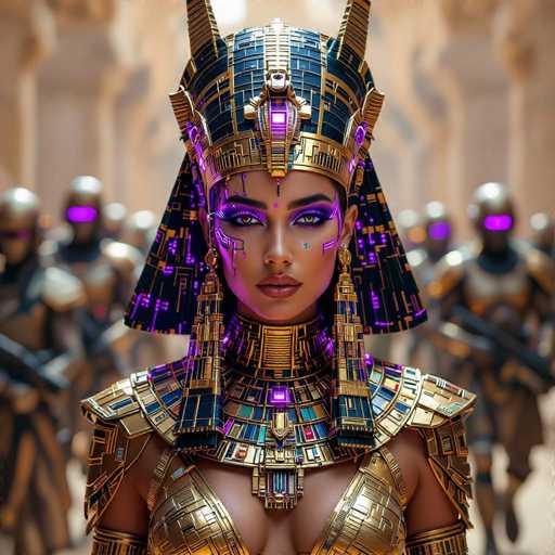 A regal, futuristic Egyptian queen commands a phalanx of robotic soldiers in this digital artwork. The central figure wears an elaborate golden headdress and armor, adorned with glowing purple accents. The background features a blurred, grand temple setting, emphasizing the queen's powerful presence and highlighting a blend of ancient and modern aesthetics.